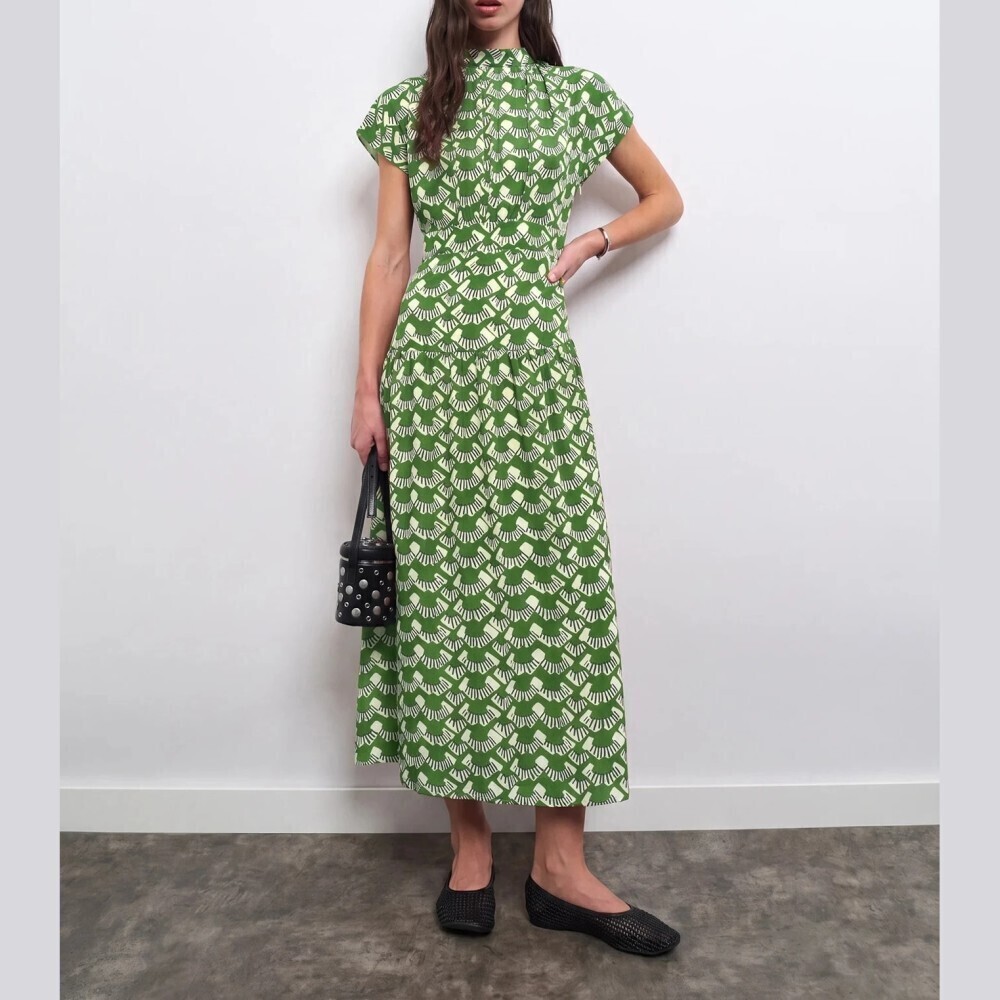Green Scallop Fan Print Stand Collar Cap Sleeve Maxi Dress